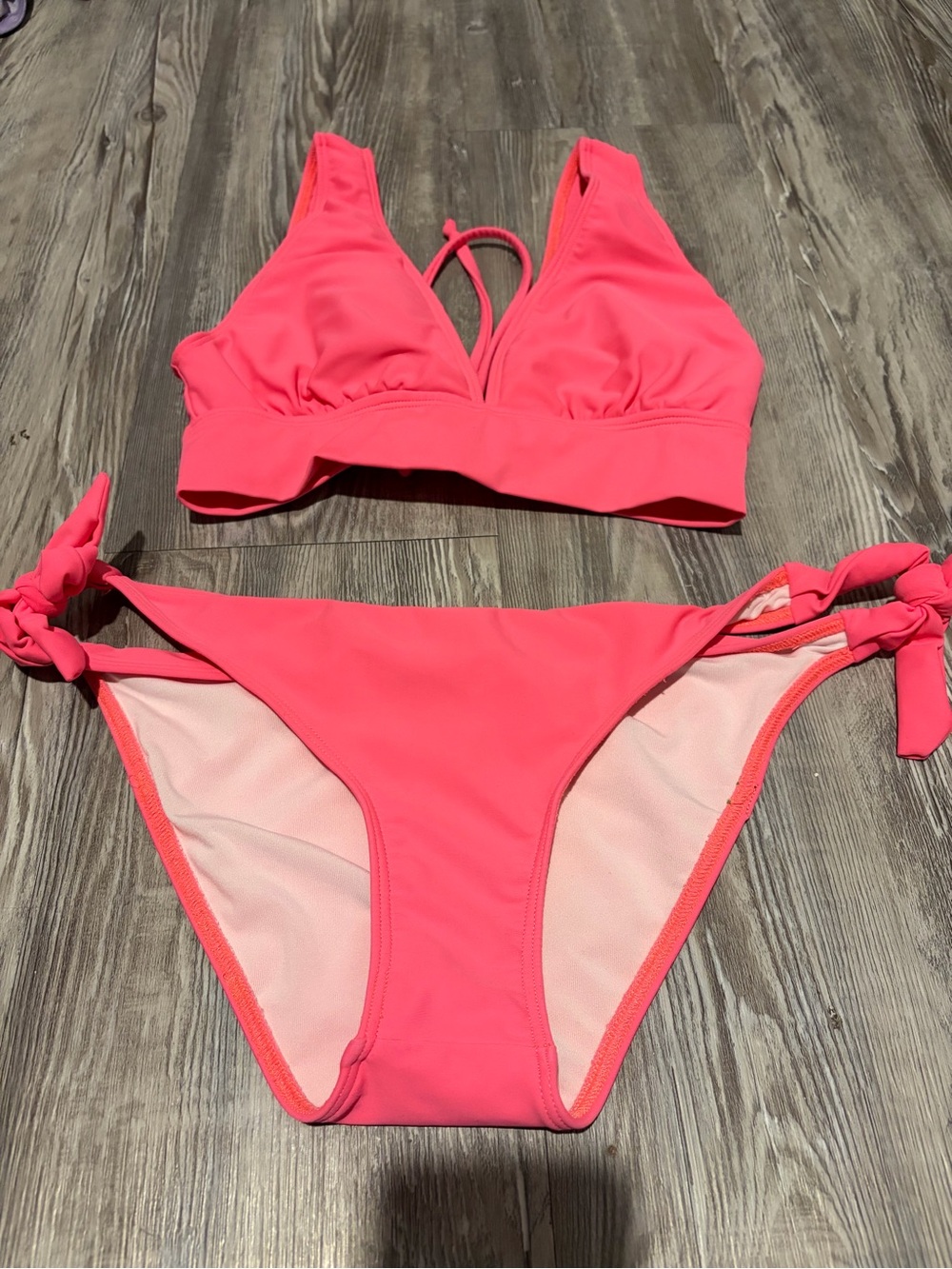 Vibrant Coral Pink Tie-Side Bikini Set with Supportive V-Neck Top
